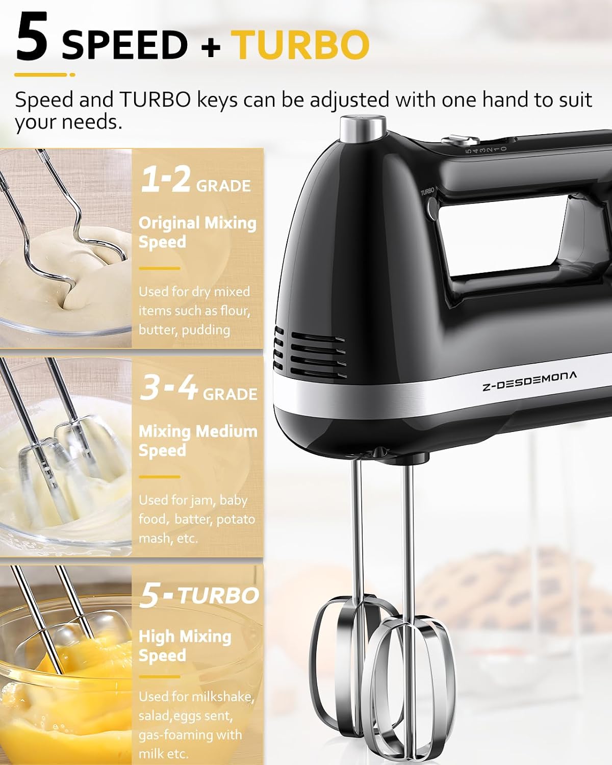 Electric Hand Mixer, Powerful Hand Mixer Electric Handheld with 304*(2*Beaters, 2*Dough Hooks),(1*Storage Bag) Hand Held Mixer with Turbo for Baking Cakes,Cream(Black)