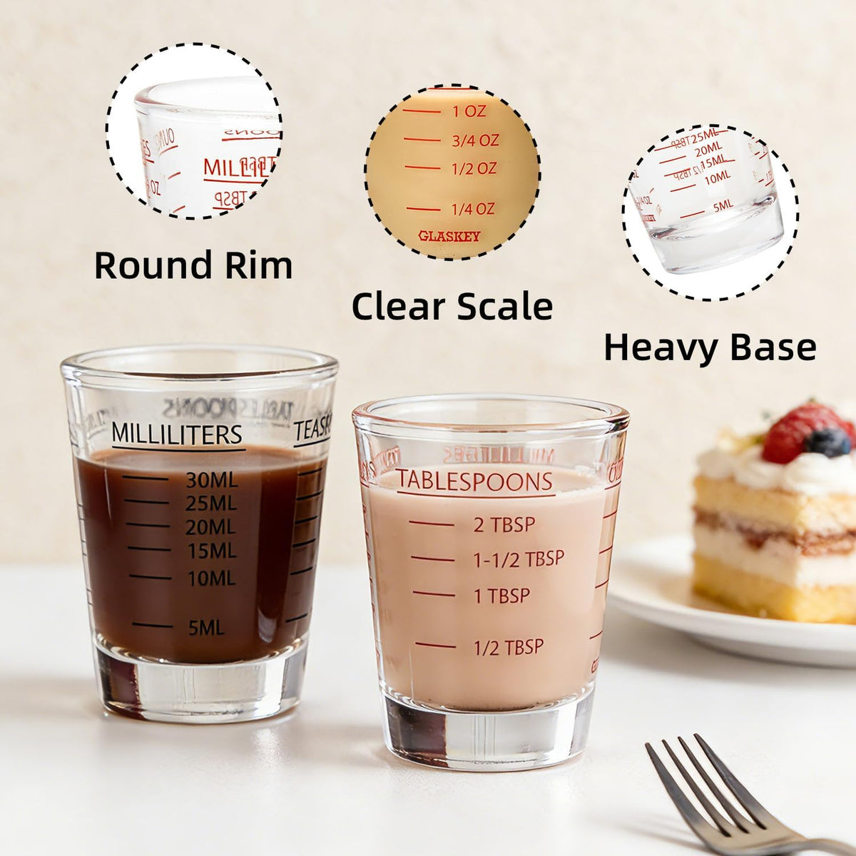GLASKEY Shot Glasses Measuring Cup Set - 2 Pack Espresso Shot Glasses with Precise Measurement Marks,Heavy Duty Glass,Dishwasher Safe,Perfect for Coffee,Cocktails and Kitchen Use (Black &amp; Red)