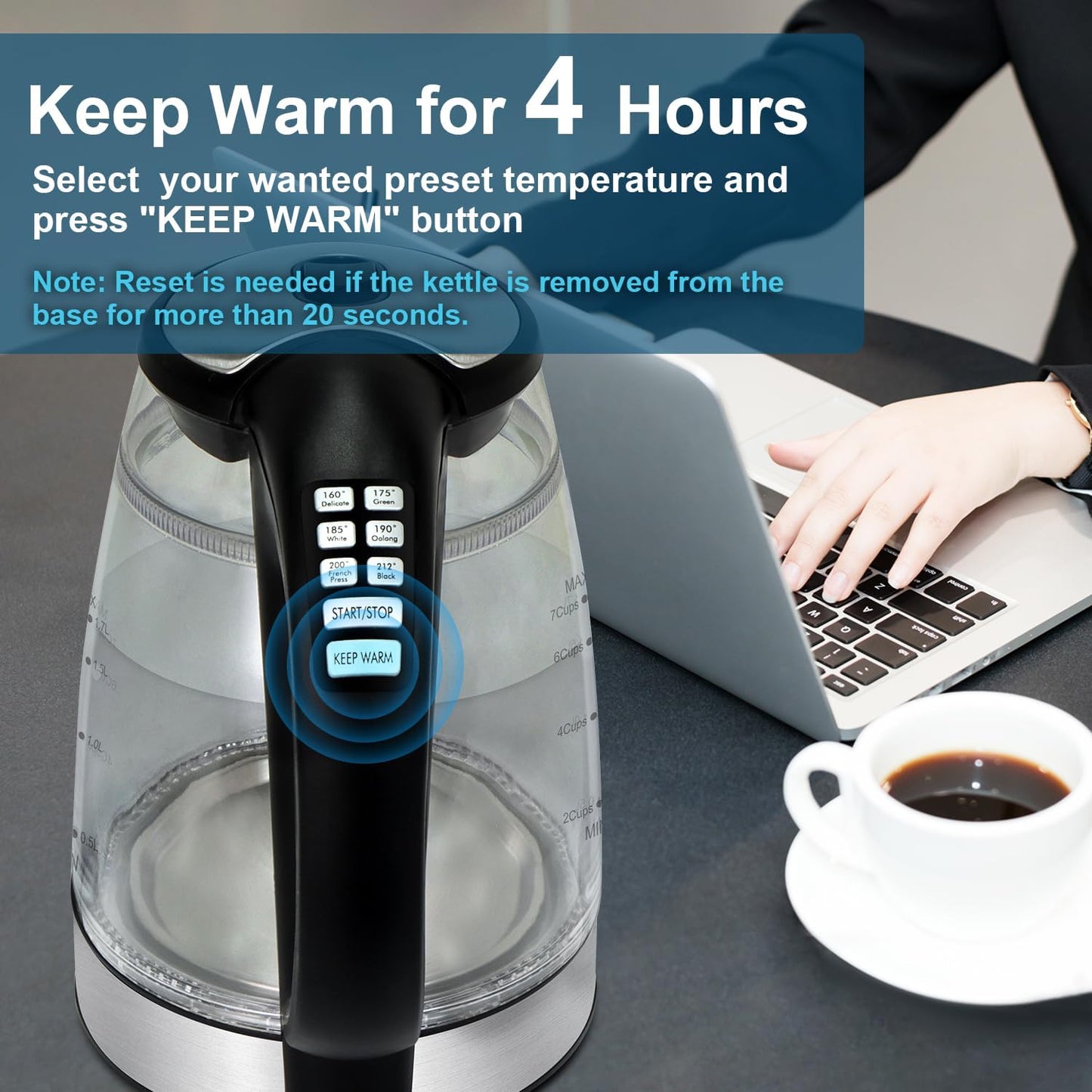 Cool Touch Electric Kettle with 6 Temp Presets for Tea/Coffee | 4H Keep Warm, Borosilicate Glass Inner and PC Outer Wall, BPA free, Auto Shut-off, 1.7L 1500W Fast Boil for Home/Office