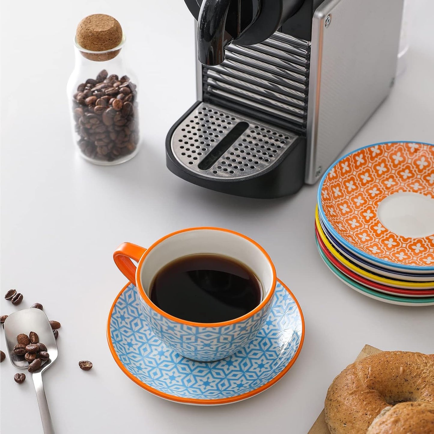 Selamica Ceramic 8 oz Cappuccino Cup Set with Saucers, Espresso Coffee Cups, Latte Macchiato for Party Cafe Home, Set of 6, Assorted Colors