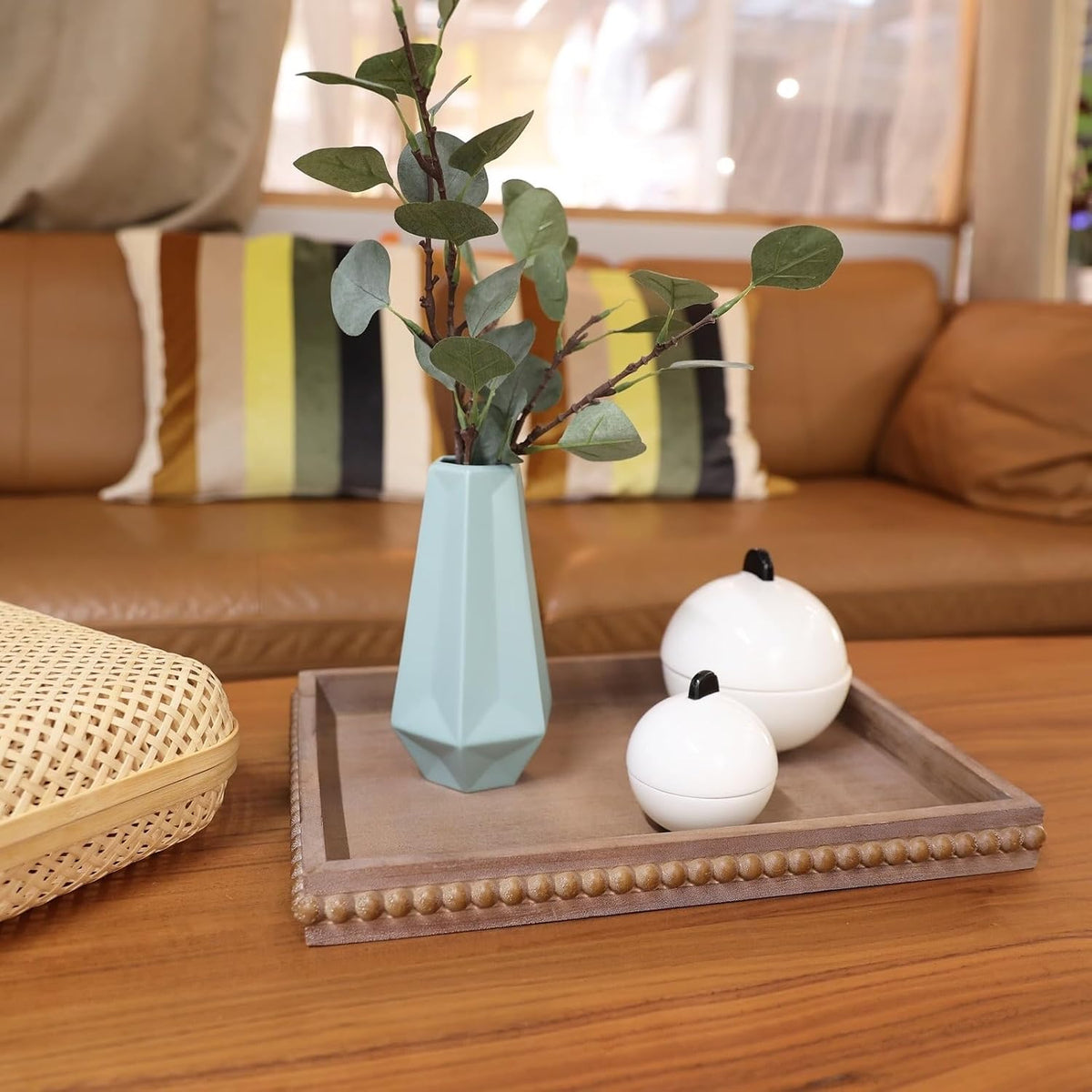 Hrastany Wood Decorative Tray, Distressed Outdoor Serving Tray with Wooden Bead for Ottoman, Coffee Table, Entertaining, Home Decor, Rectangular 15.7”*11.8”*1.57” (Retro Brown)