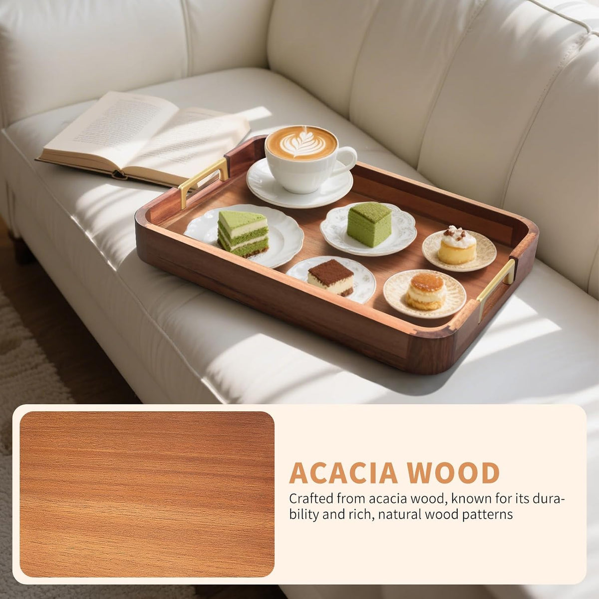 Acacia Wood Serving Tray with Metal Handles, 17x12in Food Drinks Tray for Coffee Table, Breakfast, Dinner &amp; Bar, Rustic Decorative Storage Tray for Ottoman, Kitchen, Parties