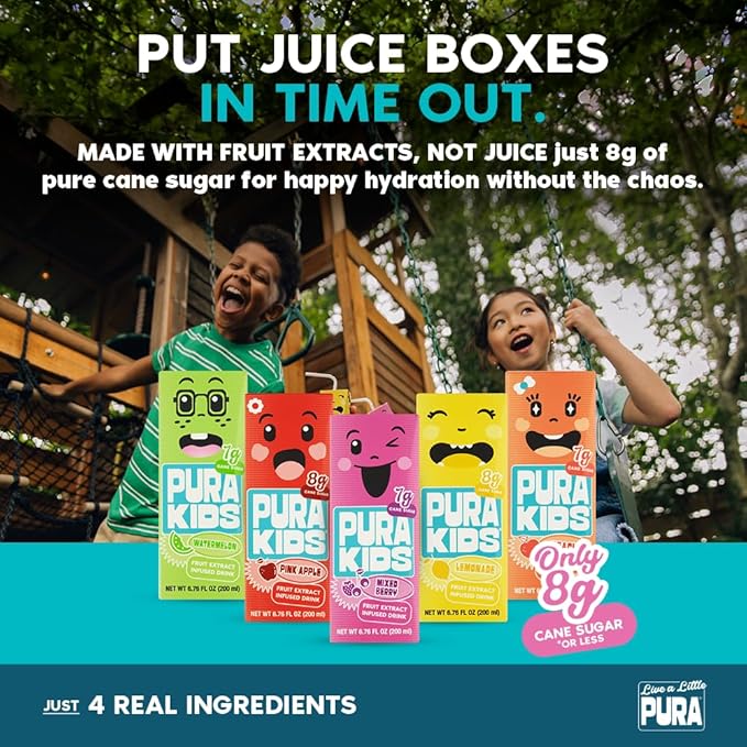 PURA Kids Box | Mixed Berry Fruit Extract Infused Drink for kids | 7g Of Pure Cane Sugar | Non-GMO | Vegan, No Artificial Sweeteners | Best Lunchbox Beverage with Paper Straw | 6.76 fl oz (200ml), Pack of 24