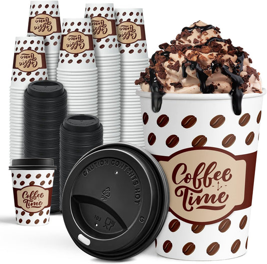 Ginkgo Coffee Cups with Lids 12 oz, 100 Pack Disposable To Go Coffee Cups for Cappuccino, Hot Beverages, Coffee, Cocoa,