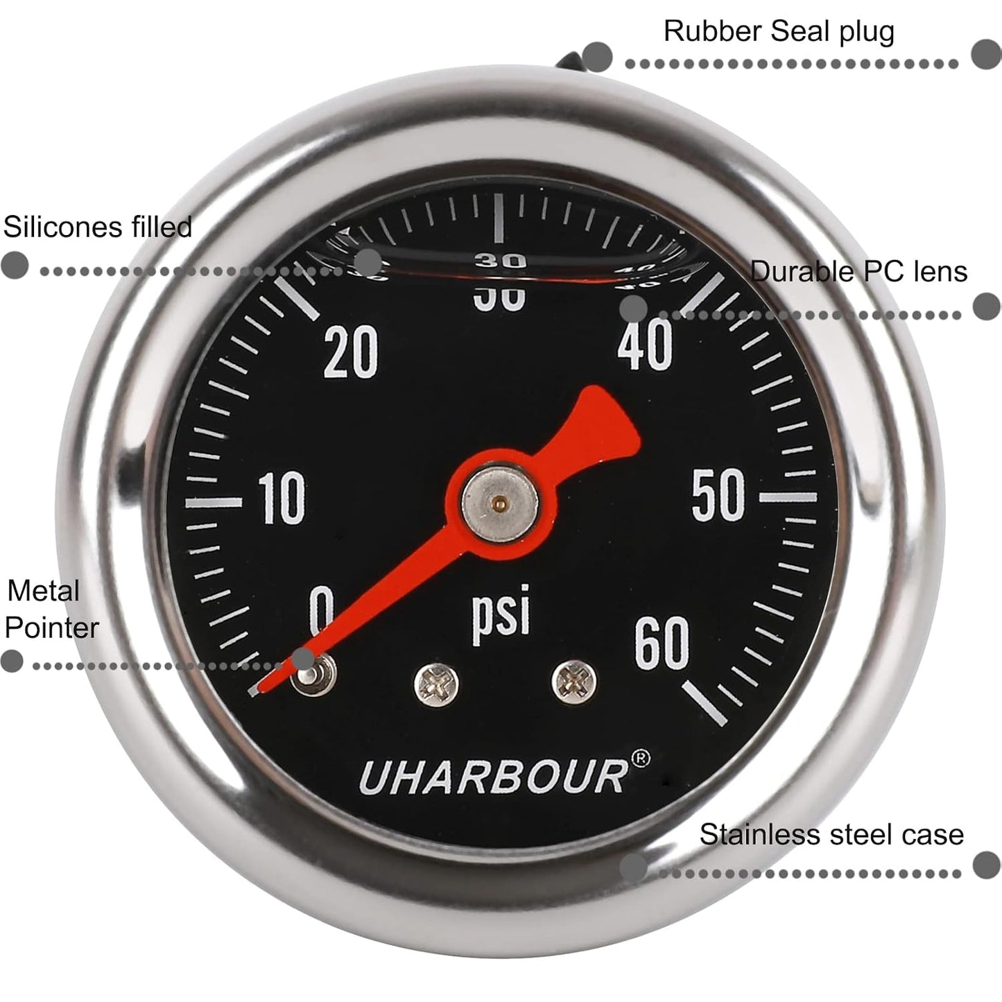 UHARBOUR Glycerin Pressure Gauge 0-60Psi, 1-1/2" Black Dial