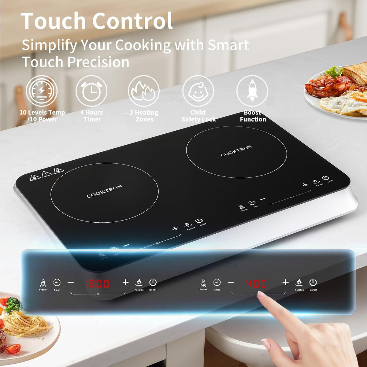 Double Induction Cooktop Burner with Fast Warm-Up Mode, 1800w 2 Burner with 10 Temperature 9 Power Settings, Portable Dual Induction Cooker Cooktop with Child Safety Lock & Time