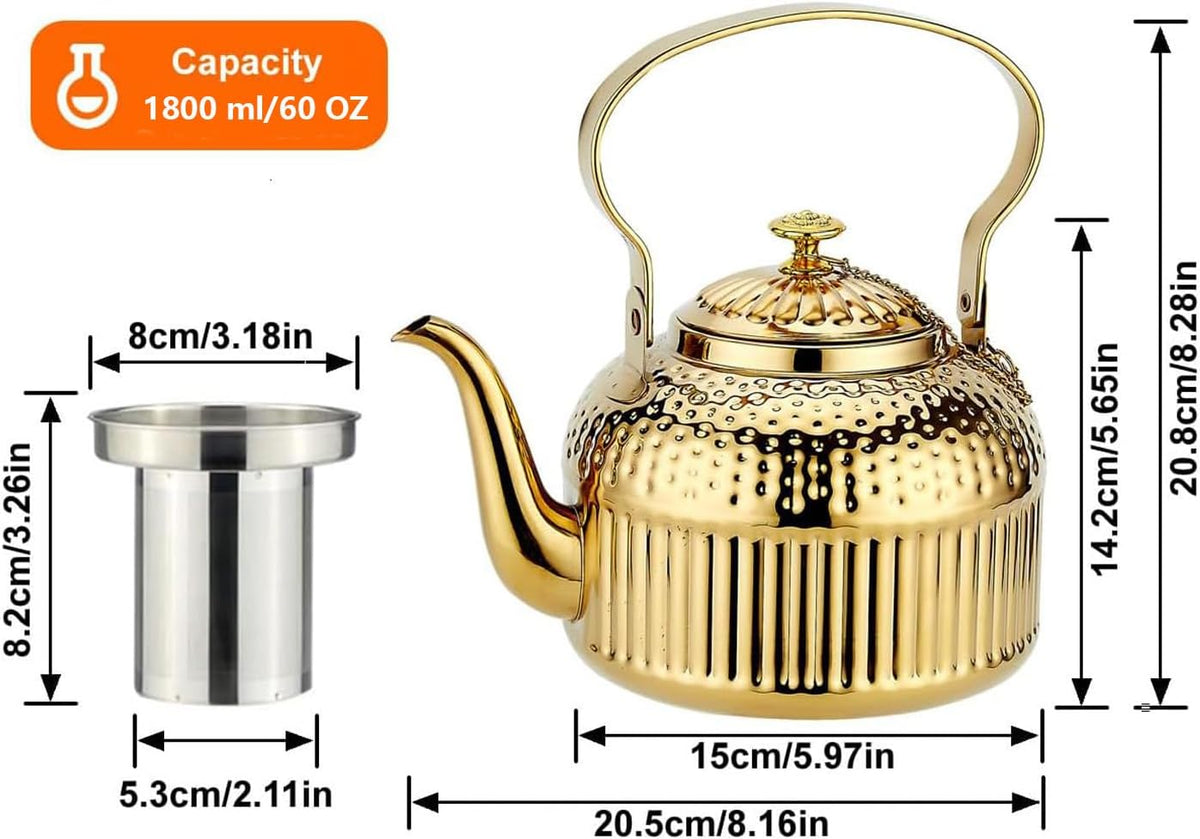 SANQIAHOME Antique 1.8L (60 Oz) Stainless Steel Teapot with Infuser Gold