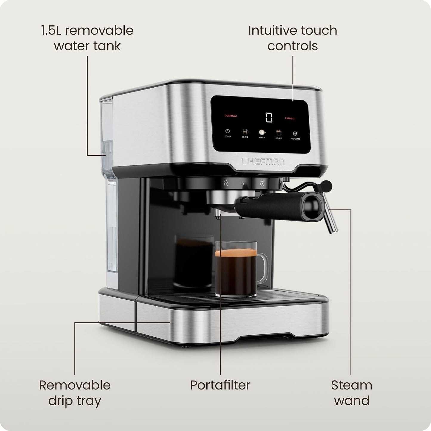 Chefman CraftBrew Espresso Machine, 15-Bar Pump Digital Espresso Maker w/Steam Wand for Latte &amp; Cappuccino, Compact Espresso Coffee Machine w/ 1.5L Removable Water Reservoir - Stainless Steel