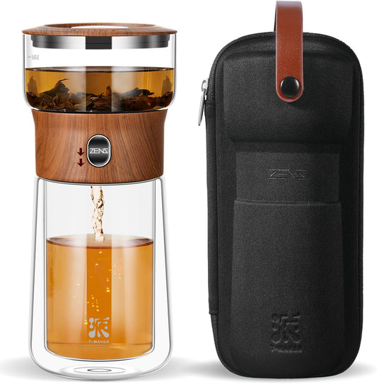 ZENS Modern Glass Infuser Teapot, One Touch Tea Maker for Loose Leaf Tea with Insulated Mug and Portable Case. Enchanted Pot