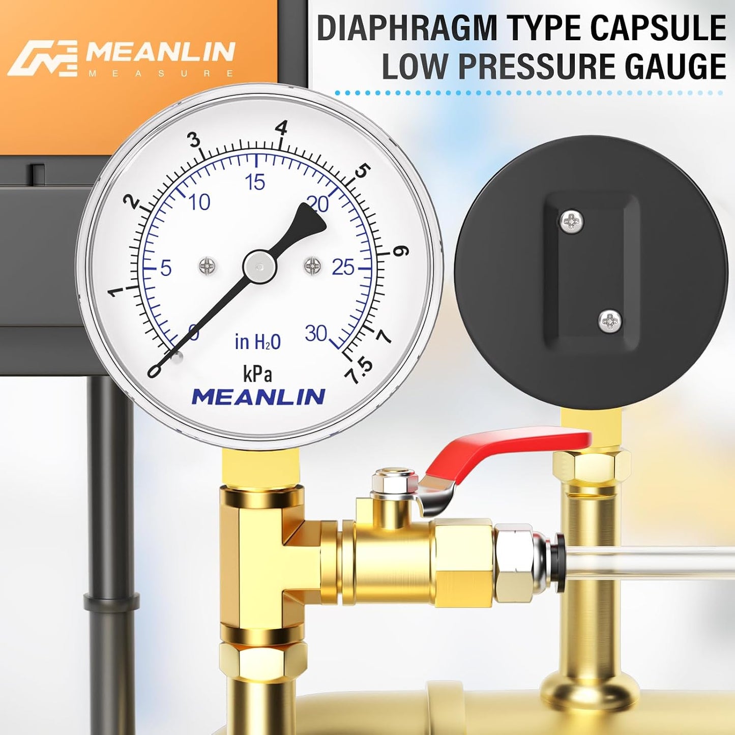 MEANLIN MEASURE 0-30 in H2O Diaphragm Type Capsule Low-Pressure Gauge, Water Column Gauge, 2.6" Dial, 1/4" NPT, Rear Adjustable Knob, with 1/2" NPT and 3/8" NPT Hex Bushing, Lower Mount