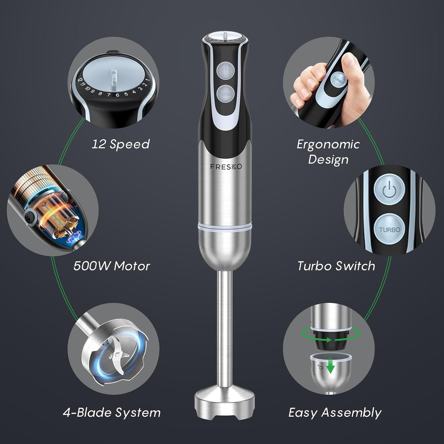 Immersion Blender Handheld, 4-In-1 Hand Blender with 12-Speeds &amp; Turbo Mode | 500W Emulsion Blender, Egg Whisk, 24oz Beaker &amp; Chopper Bowl, Stick Mixer for Baby Food, Smoothies, Soups &amp; Sauces
