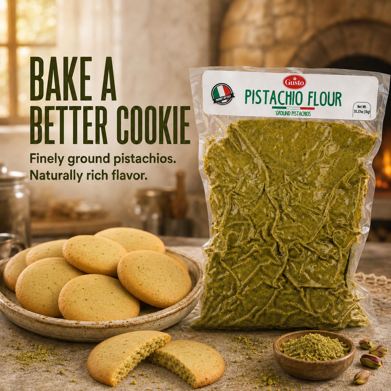 GUSTO ETNA Pistachio Flour, Fine Chopped Pistachio Flour, 2.2 lb | Gluten-Free Ground Pistachio Flour and Powder for Baking and Desserts; Vegan, Non-GMO, Product of Bronte, Sicily, Italy.