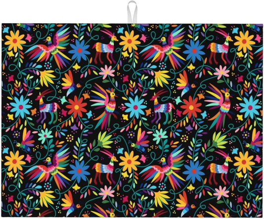 Mexican Colorful Bird and Floral Abstract Dish Drying Mats for Kitchen Counter, 18x24 inch Absorbent Decorative Microfiber