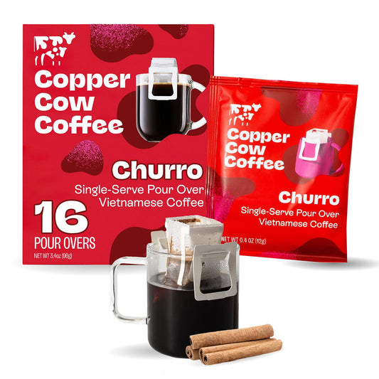 Copper Cow Premium Pour Over Single-Serve Vietnamese Coffee | Churro | Dark Roast | Flavored with Real Cinnamon | Includes