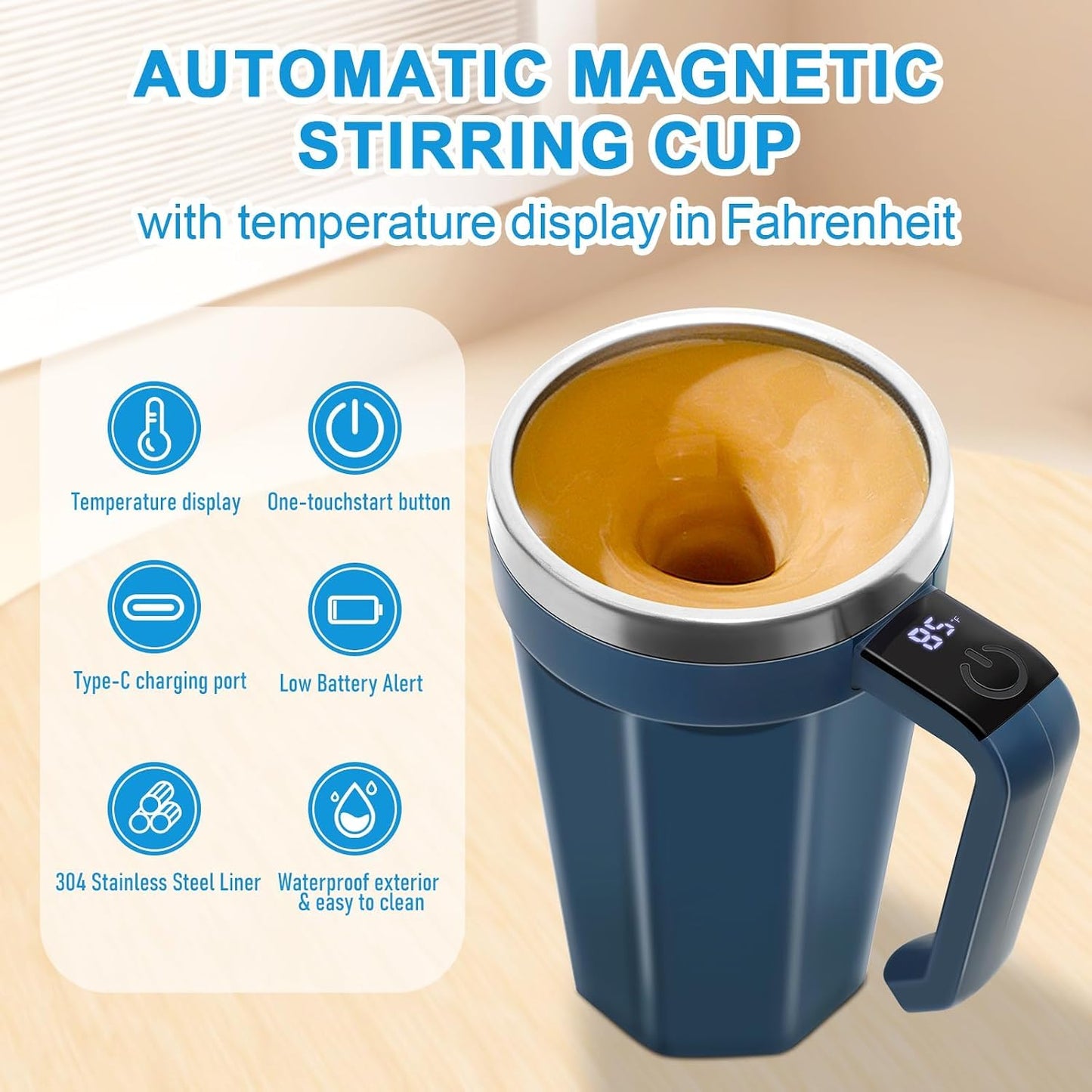 Self Stirring Mug with Temperature Display, 18oz Self Stirring Coffee Mug | Magnetic Automatic Self Stirring Cup with Lid for Coffee, Milk, Beverages, Rechargeable Electric Mixing Cup, Stainless Steel