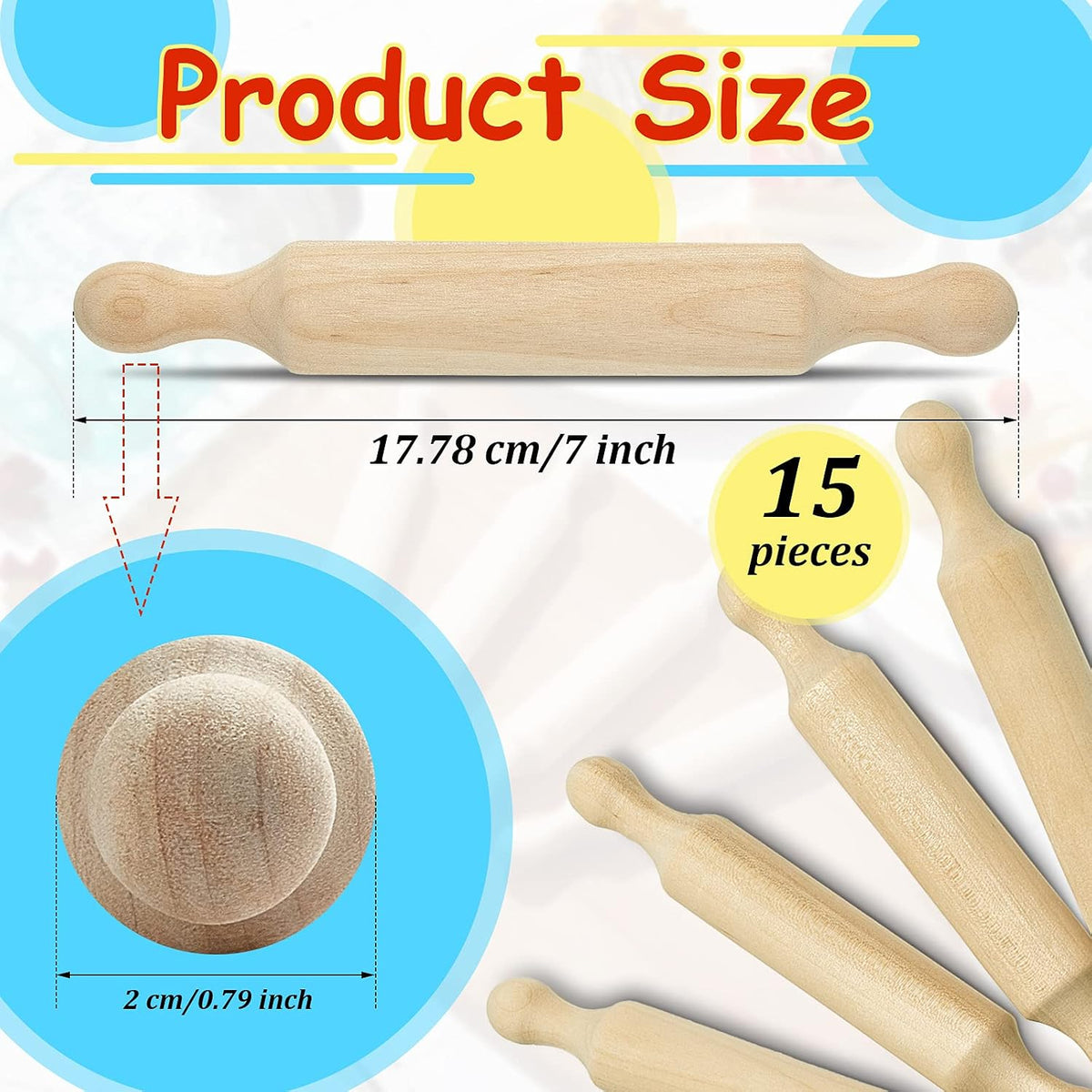 15 Pcs Wooden Mini Rolling Pin Long Kitchen Baking Small Dough Rolling Pin for Children Fondant Pastry Pizza Crafting and Imaginative Play for Halloween and Christmas Presents (7 Inches)