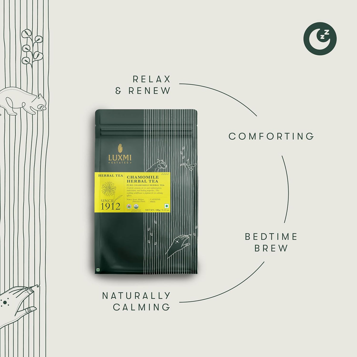 Luxmi Estates Pure Chamomile Tea, Loose Leaf, 100g (3.52oz, ~50 Cups) | USDA Organic Whole Chamomile Flowers | Single-Ingredient Caffeine-Free Herbal Infusion | Vegan, Non-GMO Bulk Pack