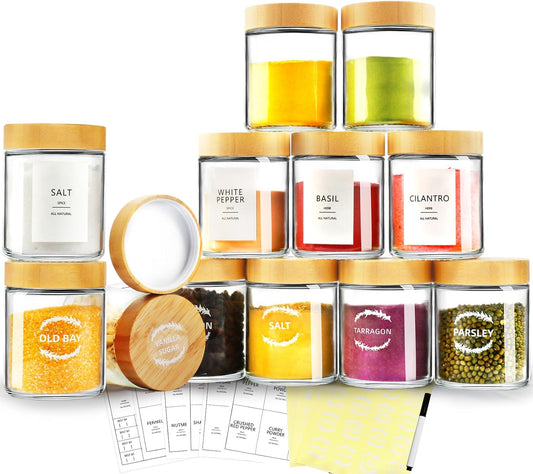 AISIPRIN Spice Jars with Label,12 Pcs 8oz Glass Jars with Bamboo Lids,Spice Organizer for Cabinet,Drawer, Rack, Seasoning