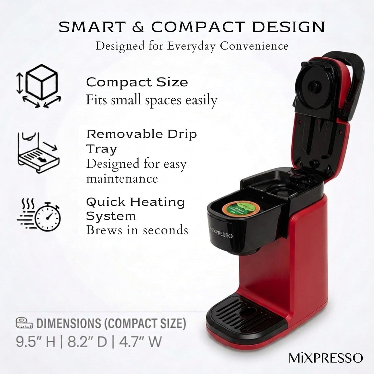 Mixpresso Single Serve Coffee Maker K Cup Coffee Maker for K Pods &amp; Grounds | Compact 800W Red Coffee Machine with 12 Oz Water Tank, Fast Brew &amp; Auto Shut-Off, Small Design for Travel, Office, RV &amp; Dorm