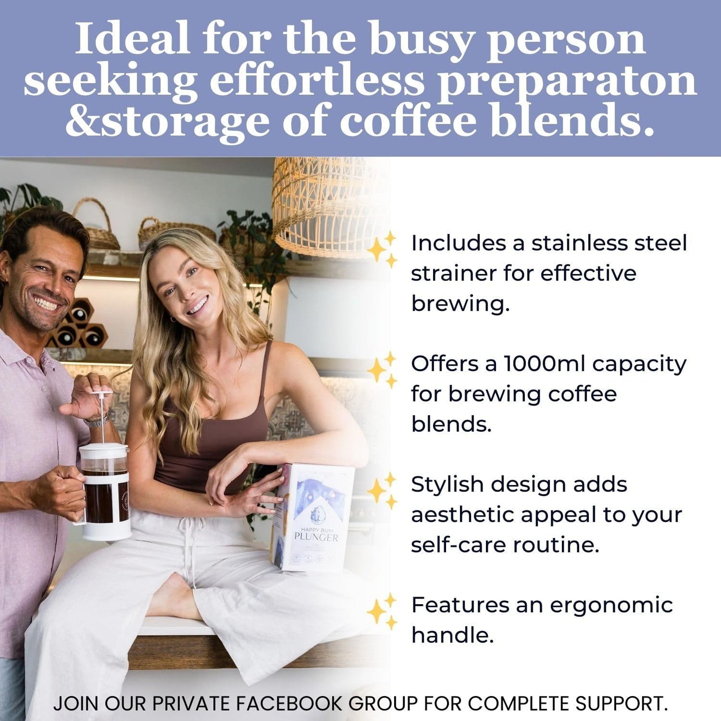 Happy Bum Coffee Plunger, 1L Glass French Press with Steel Strainer | 1L glass French press with a stainless steel strainer, designed for convenient coffee brewing and storage.