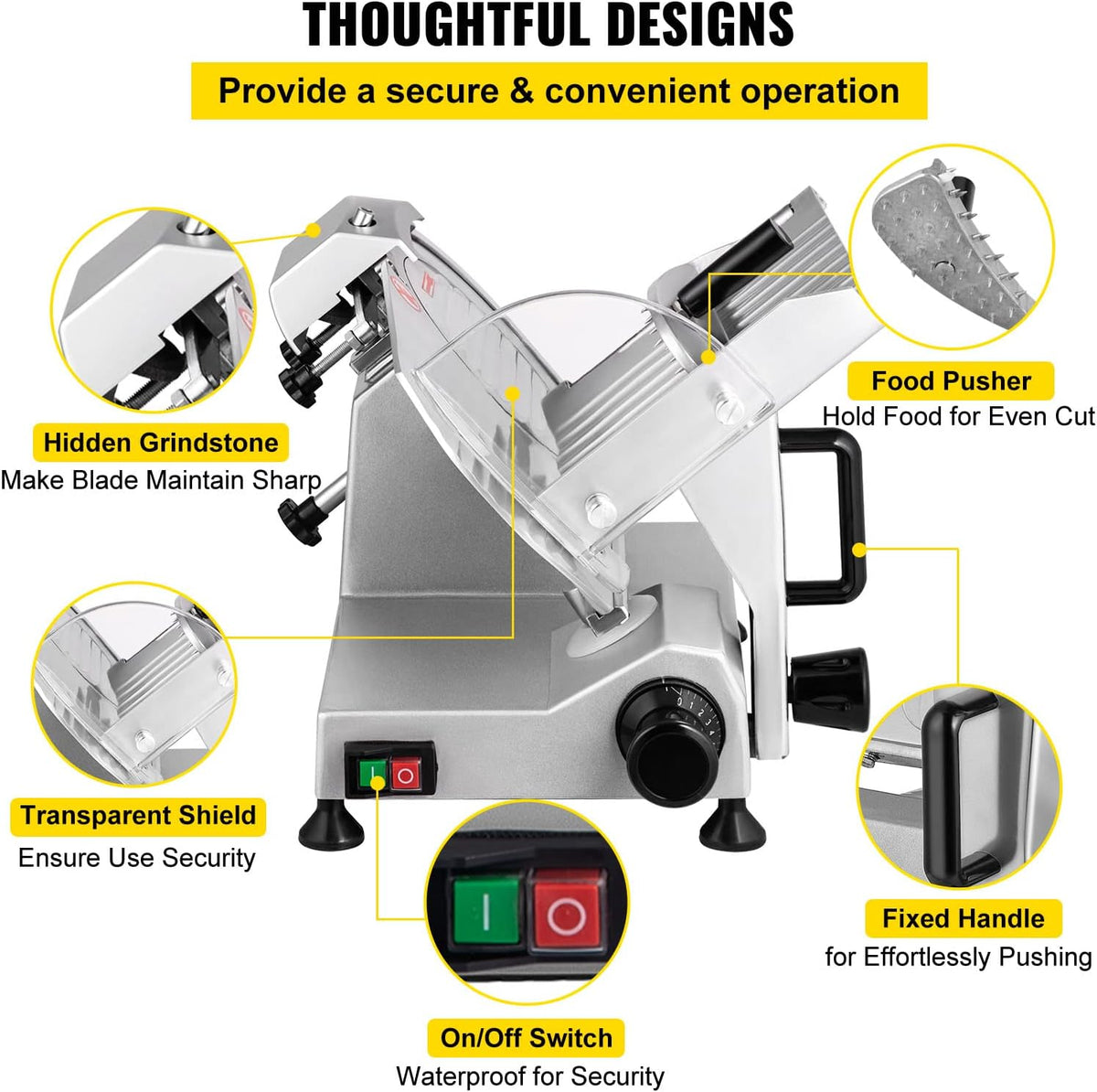 VEVOR Commercial Meat Slicer, 200W Electric Deli Food Slicer, 0-12mm Adjustable Thickness Electric Meat Slicer, 350-400RPM Slicer with 8.7'' Chromium-plated Steel Blade for Home &amp; Commercial Use