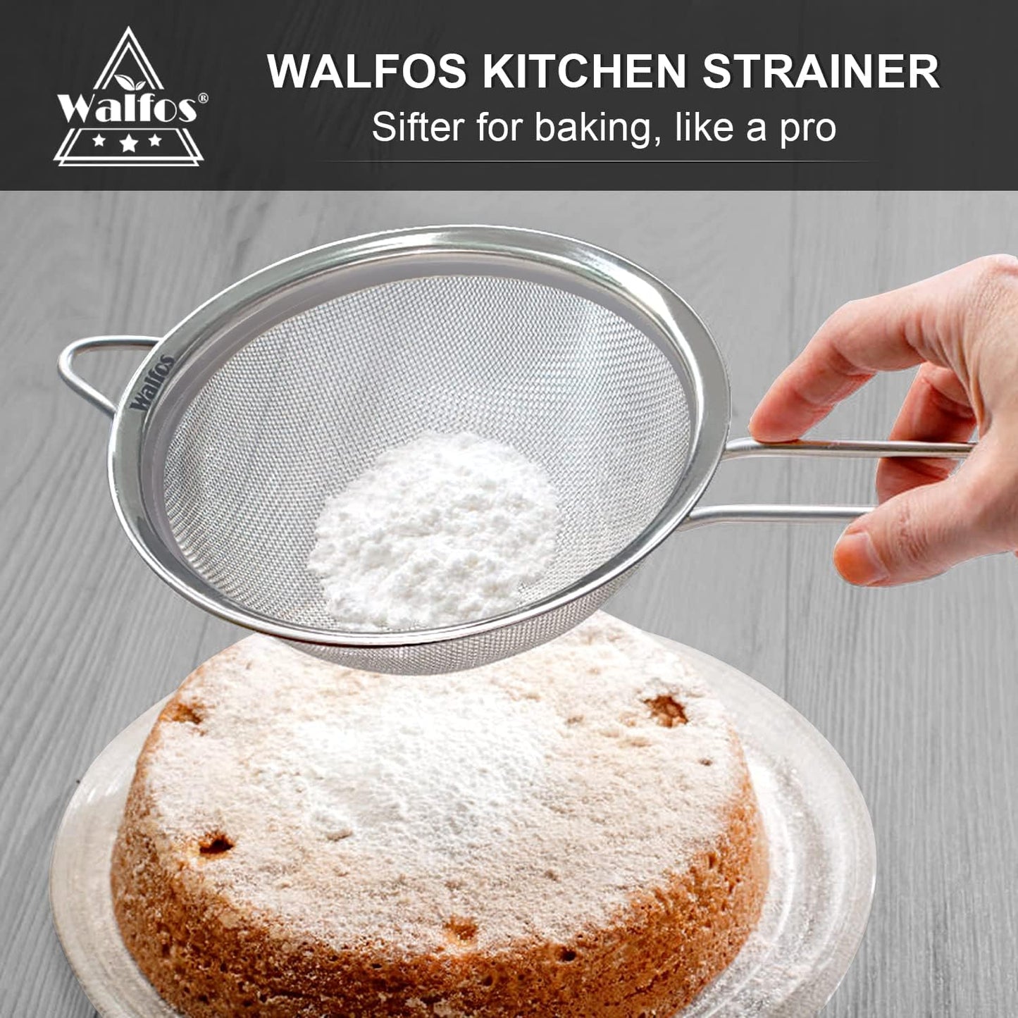 Walfos 6.95 Inch Fine Mesh Strainers, Premium Stainless Steel Colanders and Sifters, with Reinforced Frame and Sturdy Handle, Perfect for Sift, Strain, Drain and Rinse Vegetables, Pastas and Tea