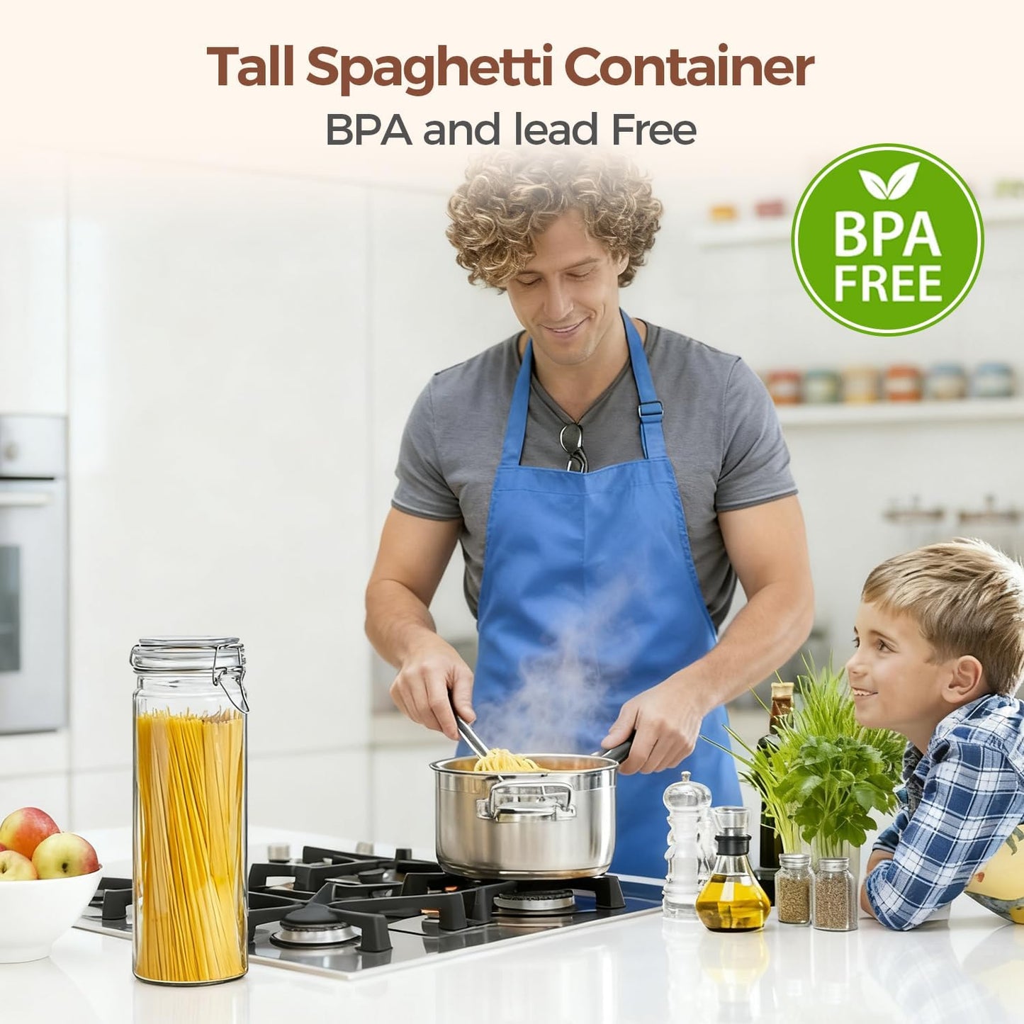 ComSaf Tall Glass Pasta Containers with Airtight Lids 68 oz 3 Pack Canister