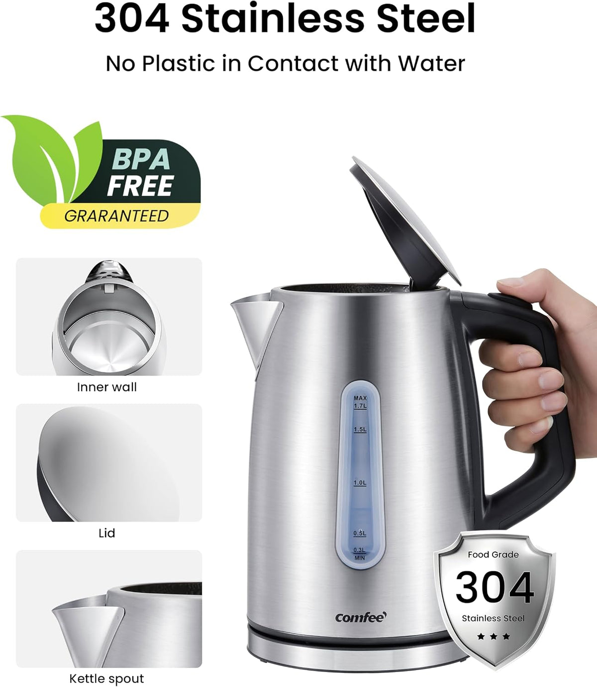 COMFEE' Stainless Steel Temperature-Control Kettle, 1.7L with 6 Preset Mode