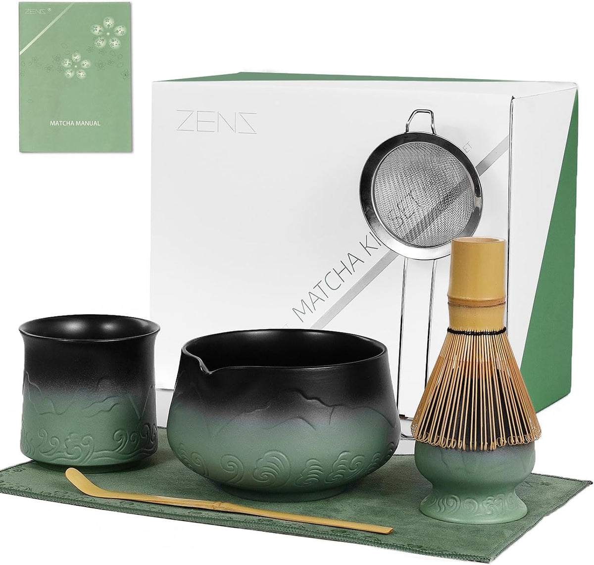 ZENS Premium Matcha Whisk Set with Blooming Cup, 7pcs Matcha Set, Green