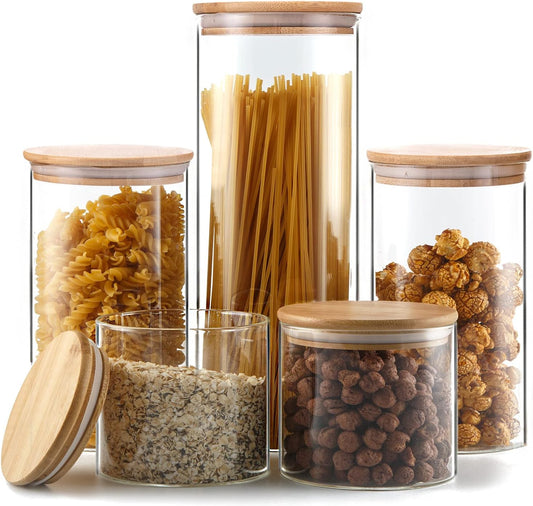 YUNCANG Glass Storage Jars [Set of 5],Clear Glass Food Storage Containers with Airtight Bamboo Lid Stackable Kitchen