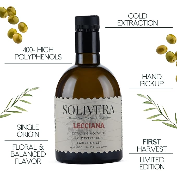 Solivera Lecciana Extra Virgin Olive Oil Cold Pressed, Floral & Balanced, 400+ High Polyphenols, Gourmet & Healthy Organic Oil – First Harvest Single-Origin Hand Picked Olive Oil - 16.8 fl. oz. (Lecciana)