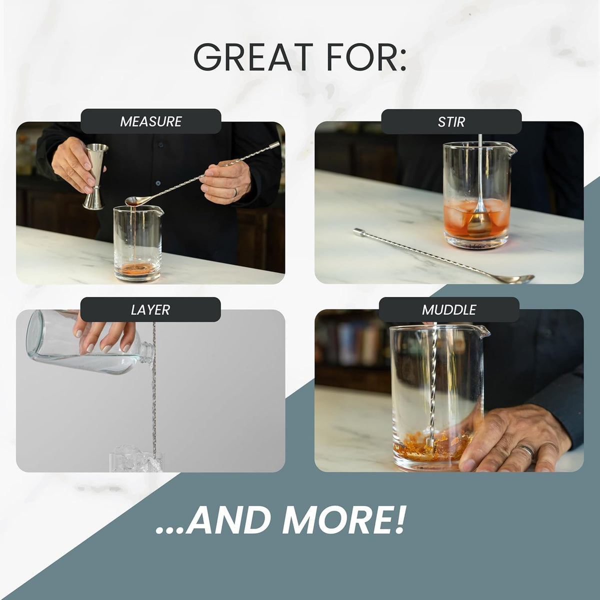A Bar Above Bar Spoon Set, Spiral Handle, Stainless Steel Mixing Spoons for Cocktail Mixer Set, to Stir and Layer, Basic Professional or Home Bars Accessories (Stainless Steel, Combo)