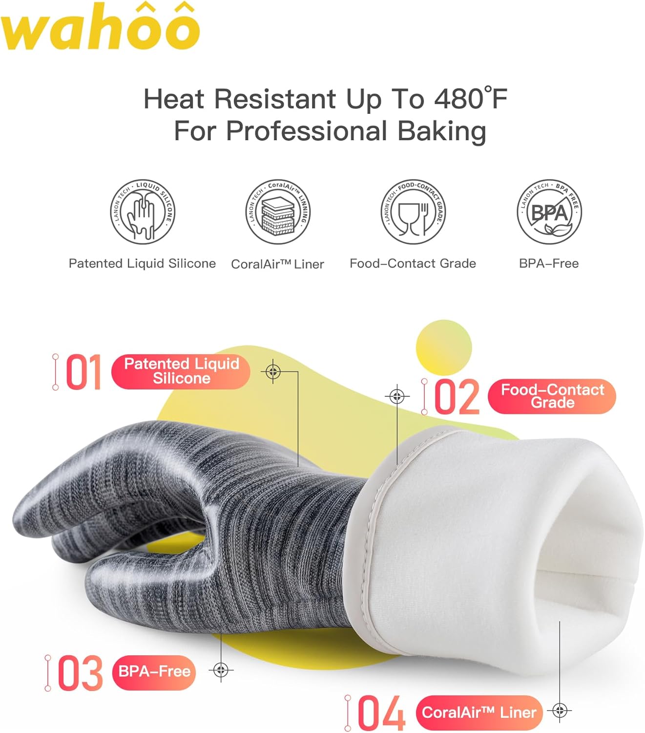 wahoo Liquid Silicone Smoker Oven Gloves, Food-Contact Grade, Heat Resistant Gloves for Cooking, Grilling, Baking, Grey,