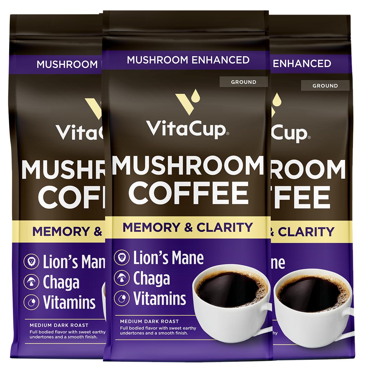 VitaCup Mushroom Medium Dark Roast Ground Coffee, 30oz, 2 Bags | 100% Arabica, Boost Focus, Immunity, Memory &amp; Clarity, B Vitamins, D3, Chaga, Coffee Grounds, Specialty