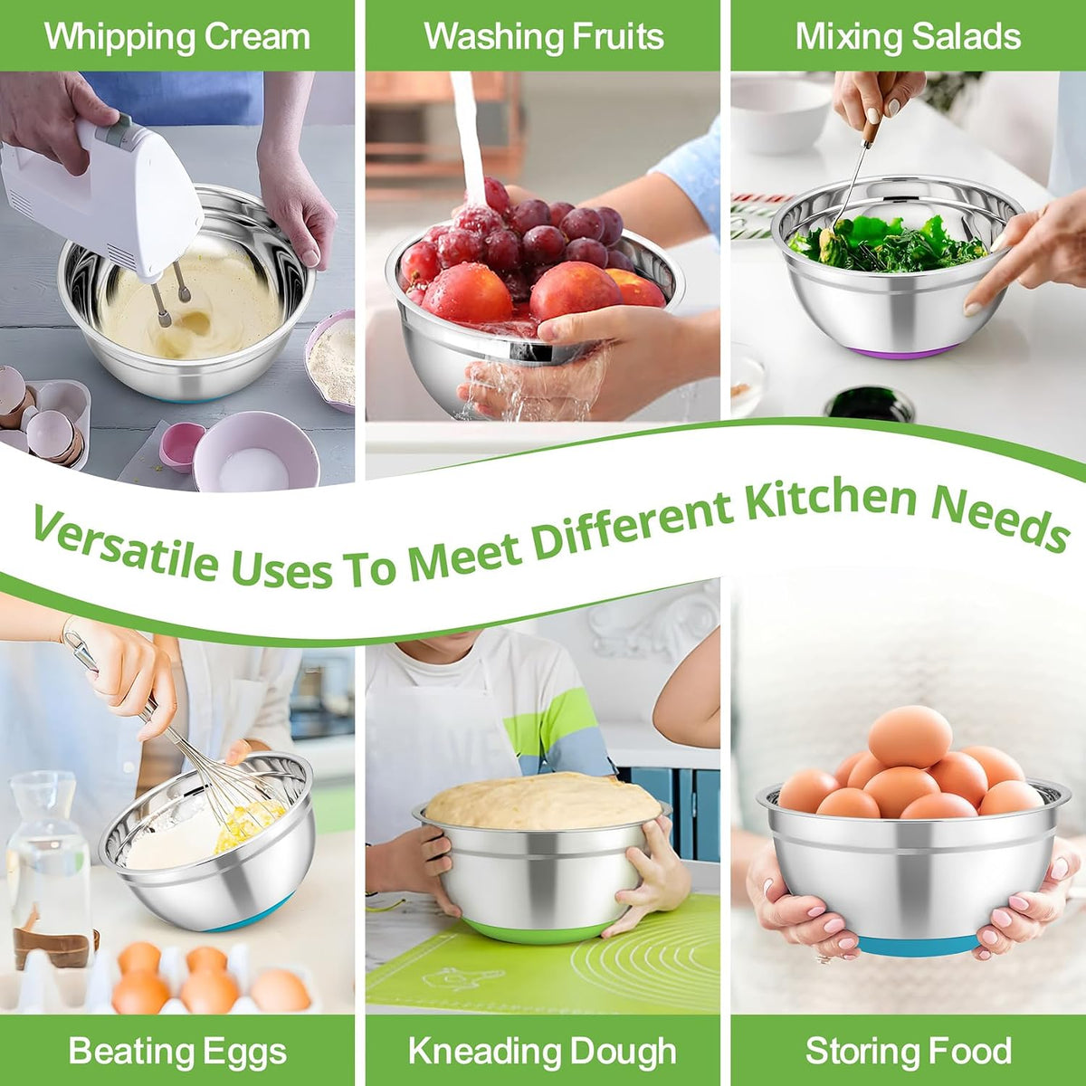 TeamFar Mixing Bowls, Salad Bowls with Transparent Airtight Lids, Colorful | 5PCS Stainless Steel Serving Bowls For Kitchen Mixing/Baking/Storing/Prepping, Non-Slip Bottom - 4.6/3.5/1.5/1 / 0.7 QT