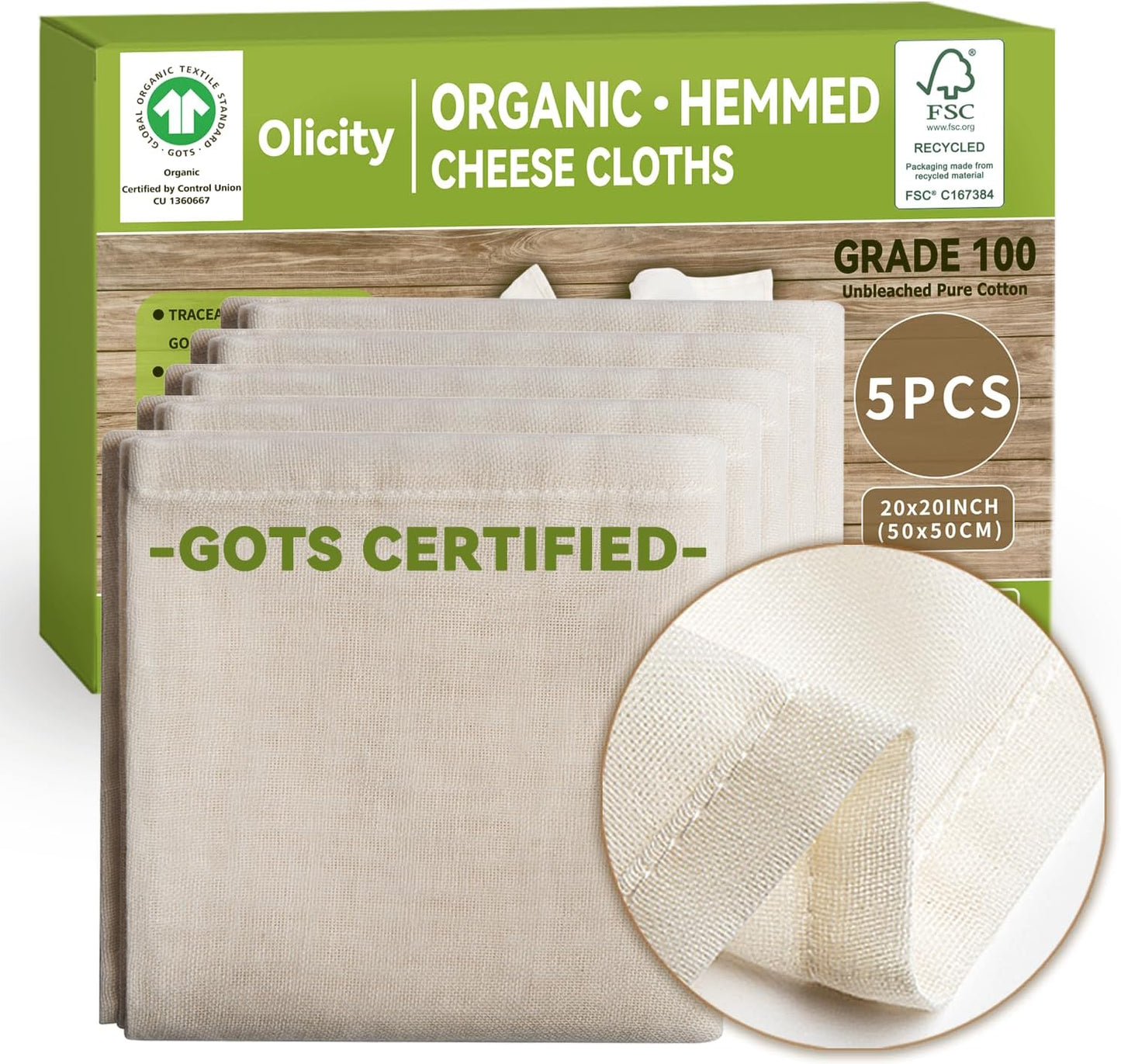 Organic Cheese Cloths, GOTS Certified, 5PCS, Grade 100, 20x20Inch Hemmed Cheese Cloth Fabric Reusabl