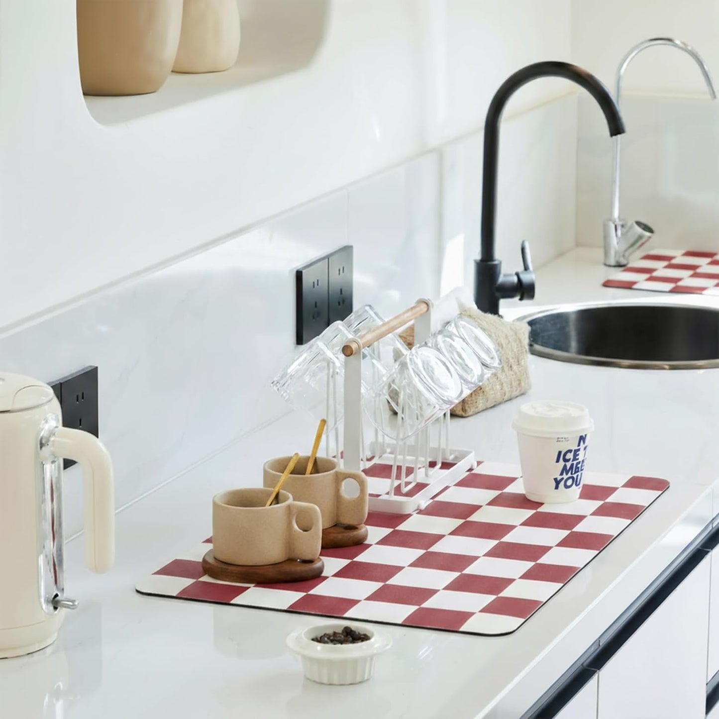 Red Checkered Dish Drying Mat for Kitchen Counter, Coffee Bar Station Accessories, Retro Cute Aesthe