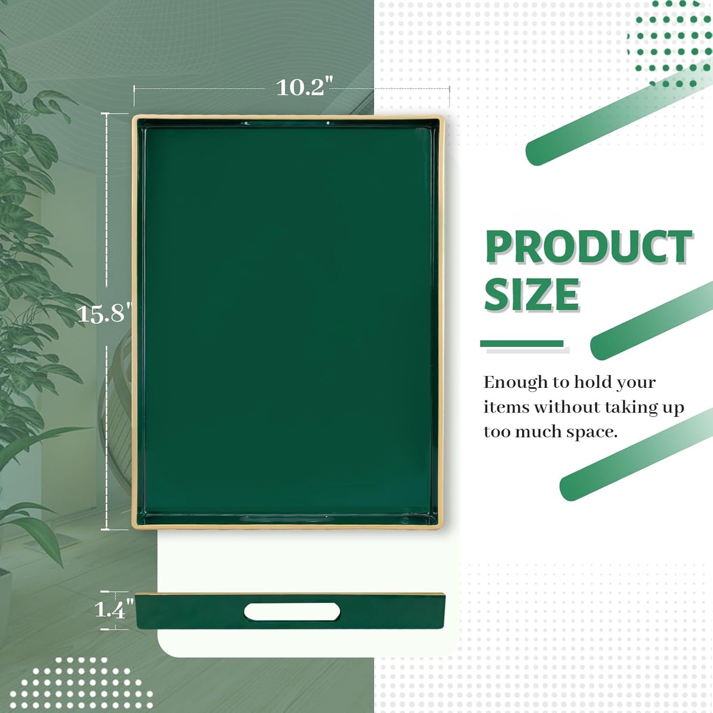 MAONAME Dark Green Decorative Tray for Ottoman, Serving Tray with Handles | Plastic Coffee Table Tray, Modern Melamine Tray, Rectangle Countertop Organizer Tray for Living Room, 15.8"L x 10.2"W x 1.4"H