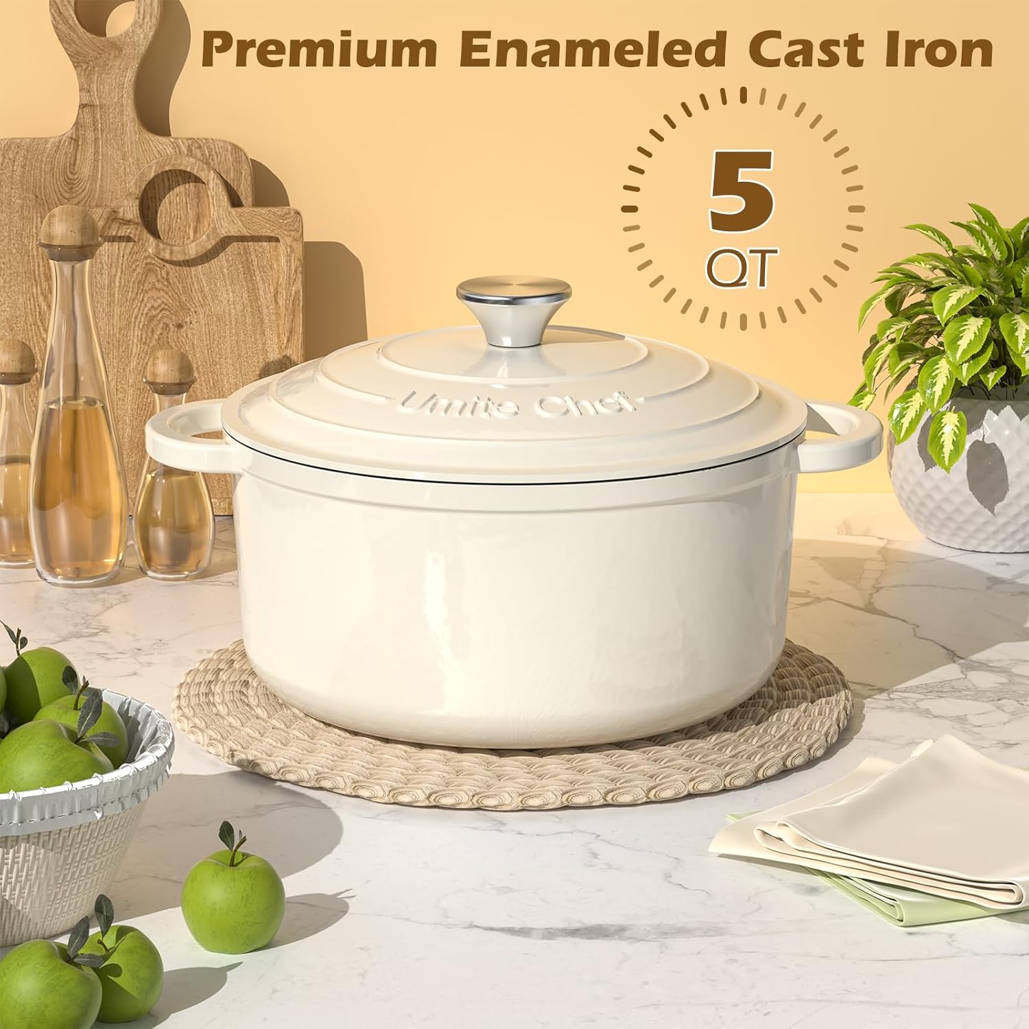 Enameled Cast Iron Dutch Oven - Umite Chef 5QT Pot with Lid & Cotton Potholders - Heavy-Duty Cookware for Bread Baking