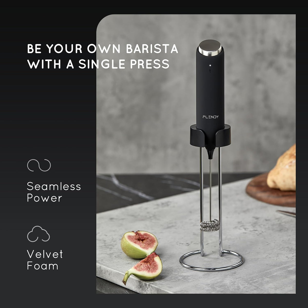 Flendy Rechargeable Milk Frother Handheld with Charging Stand | USB-C Charging Dock, 2 Detachable Double Whisk, Extra Long Mixer Wand, Wall Mount, Top Button, Compact Electric Stirrer