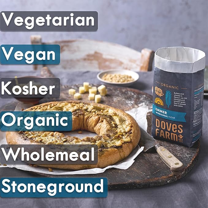 Doves Farm Organic Emmer Wholemeal Flour | for Bread & Cake Baking | High in Fiber & Protein | Traditional British Stoneground Flour | Kosher & Vegan | Whole Wheat Flour | 35.27 Oz (1kg)