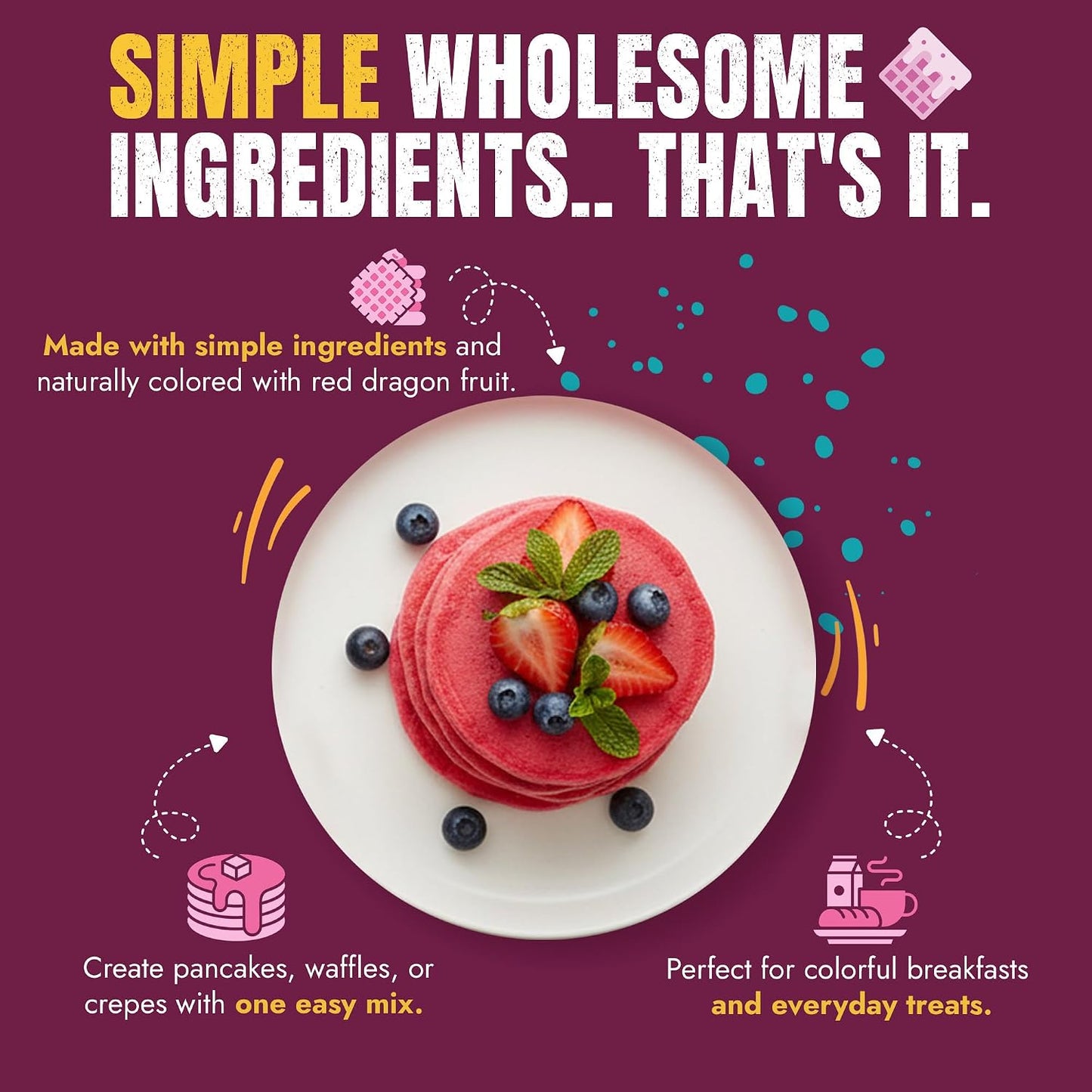 Suncore Foods Power Pink Pitaya Pancake &amp; Waffle Mix 20oz | Plant-Based | Natural Pink Color Red Dragon Fruit Pancake, Waffle &amp; Crepe Mix, Vegan, For Breakfast &amp; Desserts, Non-Dairy, Resealable Pouch