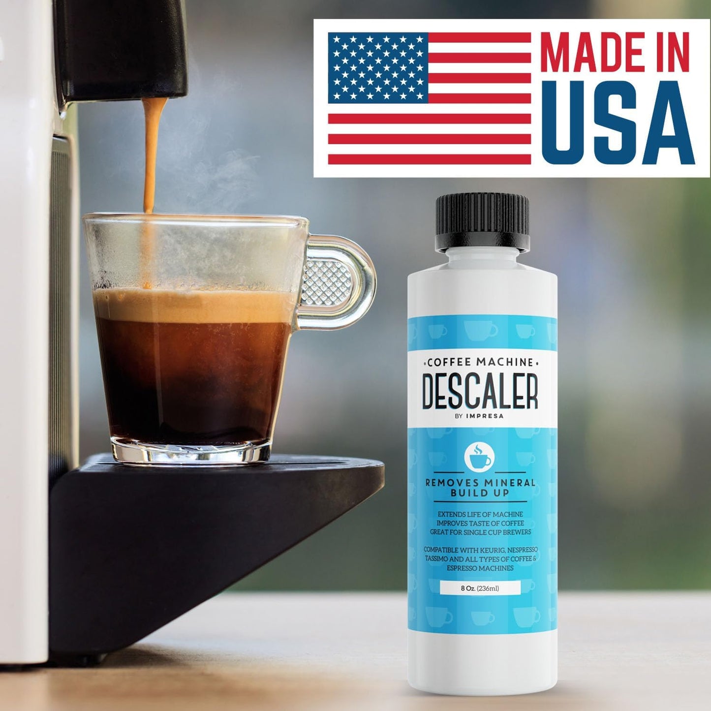 IMPRESA Coffee Machine Descaler - Machine-Safe Formula &amp; Descaling Solution - Universal Descaler for Coffee Maker Compatible with Keurig, Nespresso, Breville &amp; More - 3 Pack, 6 Uses, Made in USA