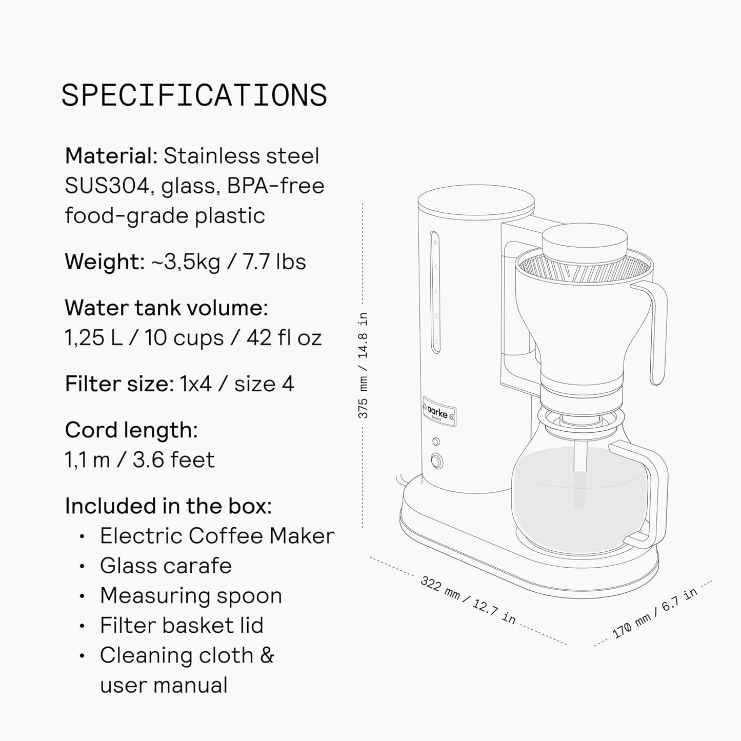 aarke Drip Coffee Maker with 42oz Glass Carafe, Stainless Steel | Electric Drip Brewer, Automatic Drip-stop, Brews Full Pot in Under 6 Minutes, SCA Certified