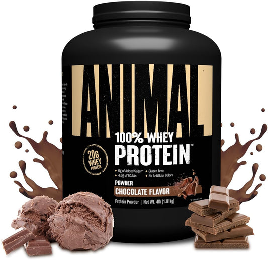 Animal 100% Whey Protein Powder, 20G High Protein | Chocolate 4LB | Pre &amp; Post Workout Meal Replacement with BCAAs | Build Strength, Muscle &amp; Recover Faster | Low Carb, Low Sugar, Great Taste
