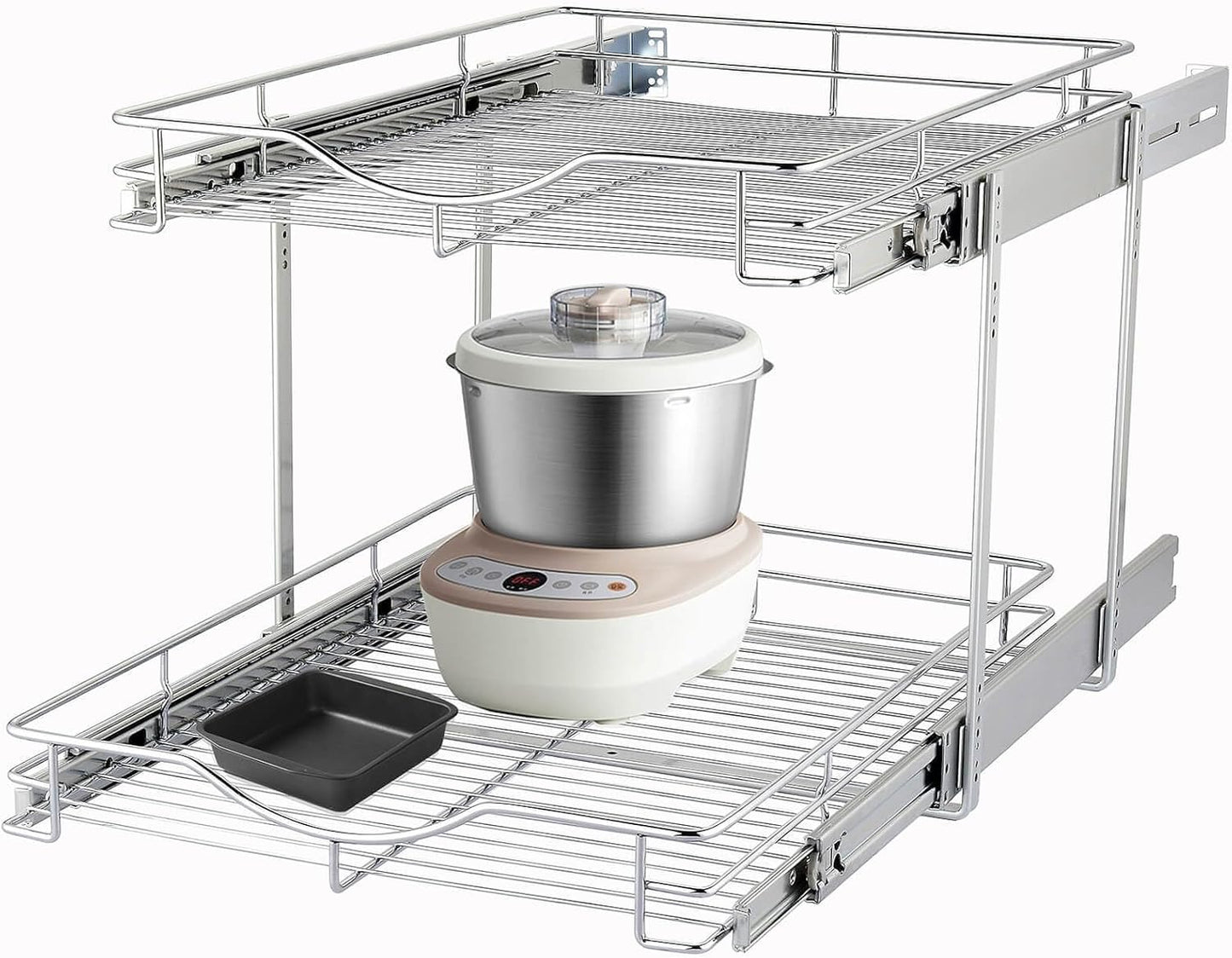 DINDON 2 Tier Pull Out Cabinet Organizer (20" W X 18" D), Double Tier Wire Basket Slide Out Shelf Storage for Kitchen Base Cabinet Organization for Kitchen, Pantry, Bathroom, Chrome