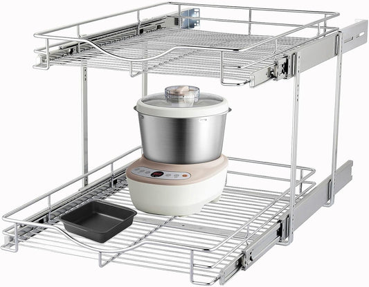 DINDON 2 Tier Pull Out Cabinet Organizer (20" W X 18" D), Double Tier Wire Basket Slide Out Shelf Storage for Kitchen Base