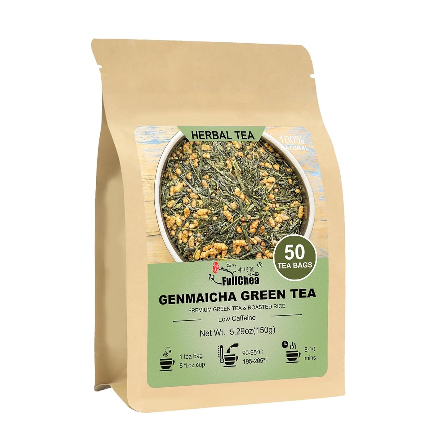 FullChea - Genmaicha Tea Bags, 50 Count, Green Tea with Roasted Rice | Nutty roasted flavor with low caffeine, refreshing for breakfast, afternoon tea and daily sipping