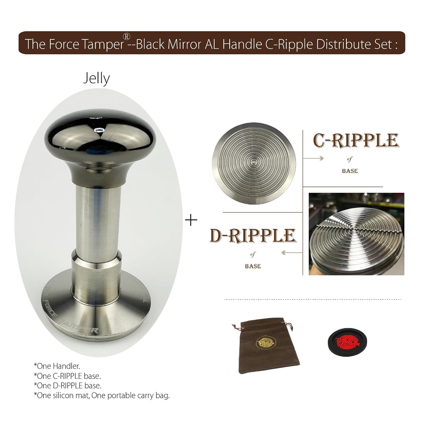 58.35mm C-Ripple Dis Set Black Mirror Jellyfish AL Handle Coffee Tamper | Automatic Impact Adjustable Constant Pressure and Auto-leveling five sizes and eight combination sets are available