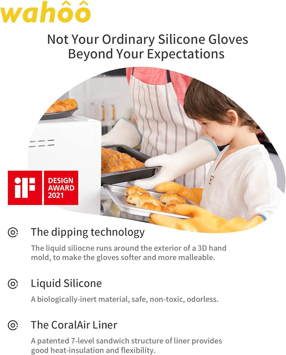 wahoo Professional Liquid Silicone Oven Mitts Gloves, Heat Resistant Gloves for Cooking, Baking, CoralAir Liner, 12 Inch, White, XXL